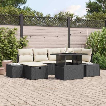Set de canapele pentru grădină cu pernă 7 pcs Negru Rattan poli GartenMobel Dekor