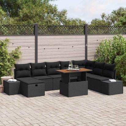 Set de canapele pentru grădină cu pernă 9 pcs Negru poliratan GartenMobel Dekor
