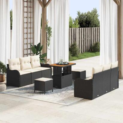 Set de canapele pentru grădină cu pernă 9 pcs Negru și Crem GartenMobel Dekor