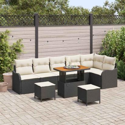 Set de canapele pentru grădină cu pernă 9 pcs Negru și Crem GartenMobel Dekor