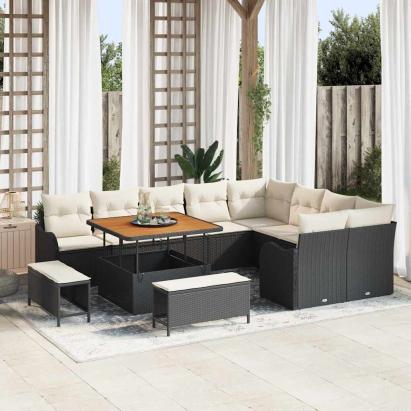Set de canapele pentru grădină cu pernă 12 pcs Negru și Crem GartenMobel Dekor