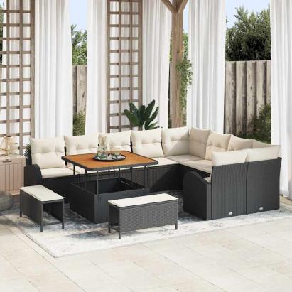 Set de canapele pentru grădină cu pernă 12 pcs Negru și Crem GartenMobel Dekor