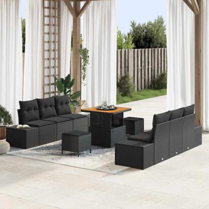 Set de canapele pentru grădină cu pernă 9 pcs Negru Rattan poli GartenMobel Dekor
