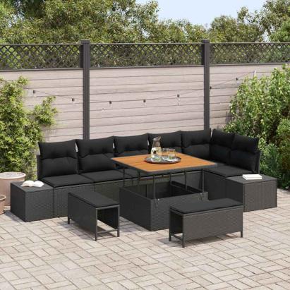 Set de canapele pentru grădină cu pernă 9 pcs Negru Rattan poli GartenMobel Dekor
