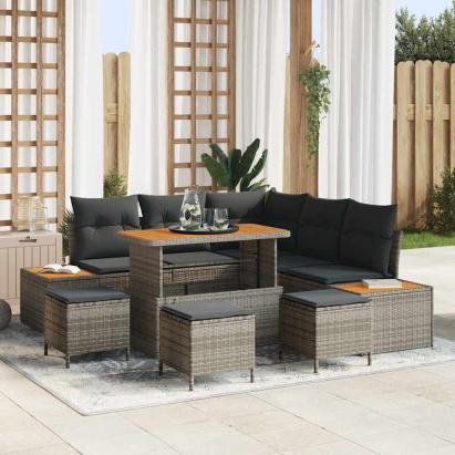 Set de canapele pentru grădină cu pernă 9 pcs Gri Rattan poli GartenMobel Dekor