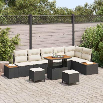 Set de canapele pentru grădină cu pernă 9 pcs Negru Rattan poli GartenMobel Dekor