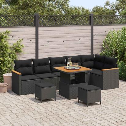 Set de canapele pentru grădină cu pernă 9 pcs Negru Rattan poli GartenMobel Dekor