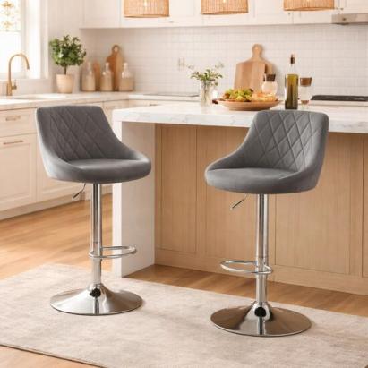 Set 2 scaune de bucatarie/bar, Artool, Kast, rotativ, catifea gri, picior metal argintiu, 45.5x49x85-105 cm GartenVIP DiyLine