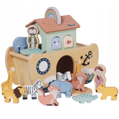 Arca lui Noe din lemn, jucarie educativa cu 17 figurine, 25x13x23 cm, multicolor