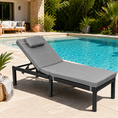 SONGMICS Sezlong gradina cu saltea groasa si tetiera, ratan PE si metal, maxim 150 kg, 195x65x40 cm, negru si gri