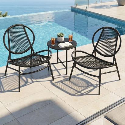 SONGMICS Set bistro gradina 3 piese, scaune Acapulco si masa diametru 50 cm, cadru metalic, negru