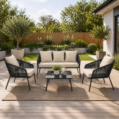 Set mobilier gradina 4 piese cu canapea sofa, 2 fotolii si masa sticla, cadru metalic, negru cu perne bej