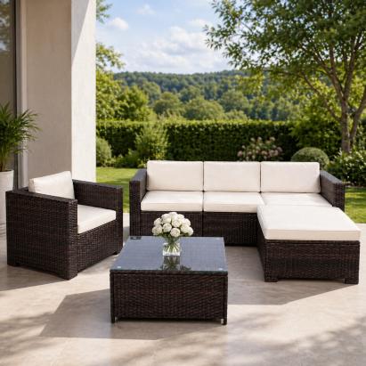 Set mobilier gradina 6 piese din technorattan cu masa si perne, instalare modulara configurabila, maro si crem