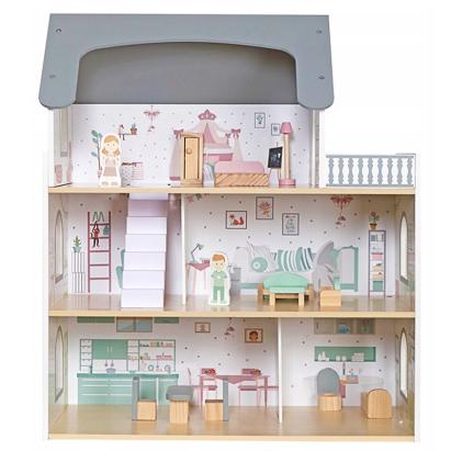 Casuta pentru papusi din lemn cu 3 niveluri, mobilier si accesorii, 61x26x71 cm, multicolor