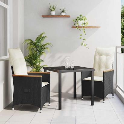 Set de masă pentru grădină cu pernă 3 pcs Negru poliratan GartenMobel Dekor