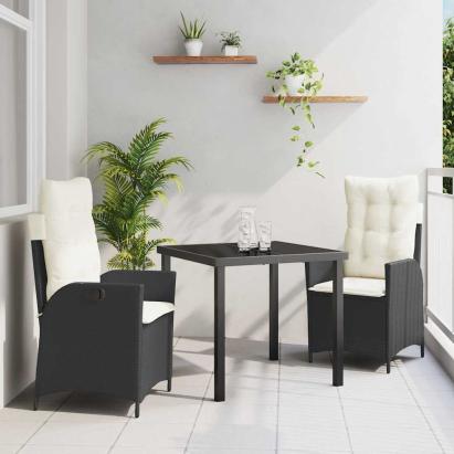 Set de masă pentru grădină cu pernă 3 pcs Negru poliratan GartenMobel Dekor