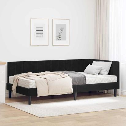 Cadru de pat colțar cu saltea cu headboard 2 pcs Negru Catifea GartenMobel Dekor