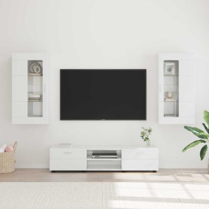 Set comodă TV cu sertar FLORIN 3 pcs Alb lucios Lemn compozit GartenMobel Dekor