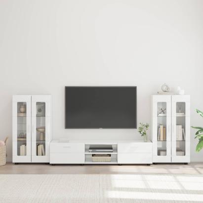 Set comodă TV cu sertar FLORIN 3 pcs Alb lucios Lemn compozit GartenMobel Dekor