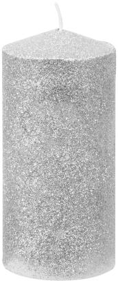 Lumânare decorativă cilindrică argintie cu sclipici, 5,5x12 cm, set 4 buc