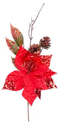 Crenguță decorativă de Crăciun cu floare poinsettia roșie, 34 cm