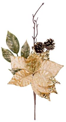 Crenguță decorativă de Crăciun cu floare poinsettia aurie, 34 cm
