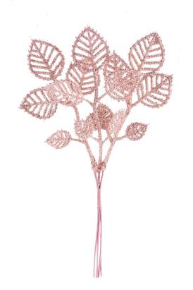 Crenguță decorativă de Crăciun cu frunze roz auriu, 22 cm, set 6 bucăți