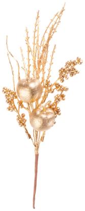 Crenguță decorativă de Crăciun aurie cu mere și bobițe, 30 cm