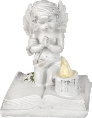 Îngeraș decorativ funerar cu LED pe carte, polyresin, 11,5x7,5x13,5 cm