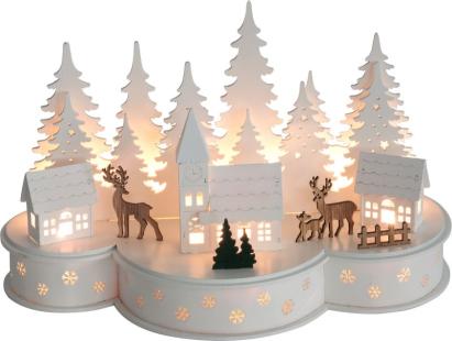 Decorațiune de Crăciun sat cu reni, 10 LED alb cald, MDF, 30 cm