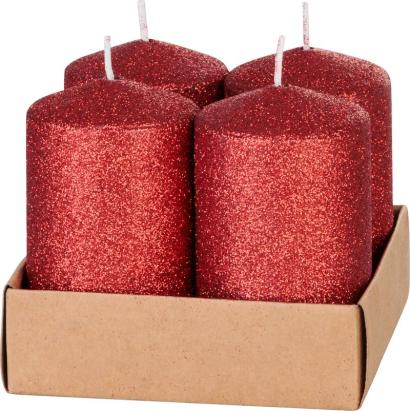 Set 4 lumânări advent cilindrice roșii cu sclipici 4,8x8 cm