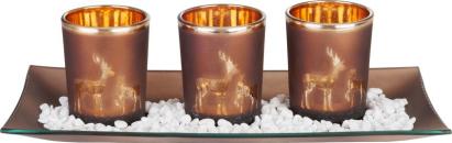 Suport decorativ pentru 3 lumânări tip pastilă, cu tavă, cupru, 26x12x7 cm