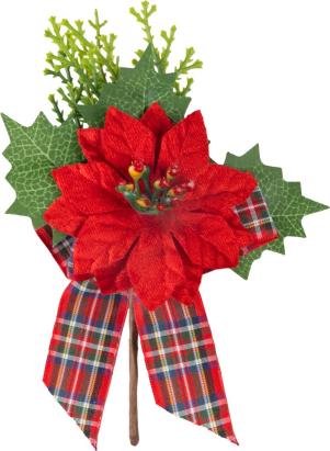 Crenguță decorativă de Crăciun MagicHome cu poinsettia roșie și fundă, 17 cm