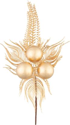Crenguță decorativă de Crăciun aurie cu pene de păun, 22 cm