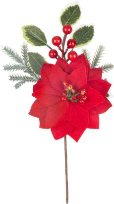Crenguță decorativă de Crăciun cu poinsettia roșie, 24 cm