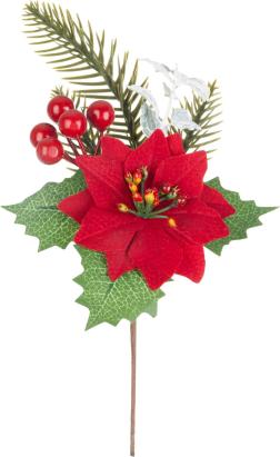 Crenguță decorativă de Crăciun cu floare poinsettia roșie, 24 cm