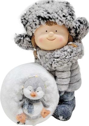 Decorațiune de Crăciun LED cu fetiță, glob de zăpadă și pinguin, 33,5 cm