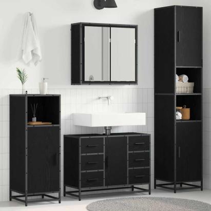 Set de mobilier pentru baie 4 pcs Stejar Negru Lemn compozit GartenMobel Dekor