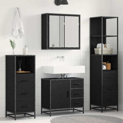 Set de mobilier pentru baie 4 pcs Stejar Negru Lemn compozit GartenMobel Dekor