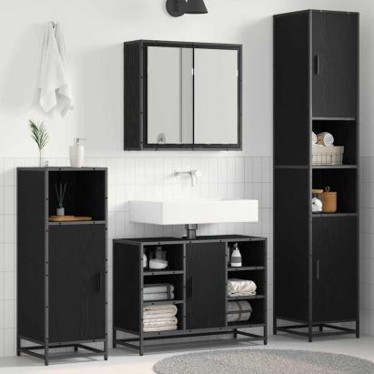 Set de mobilier pentru baie 4 pcs Stejar Negru Lemn compozit GartenMobel Dekor