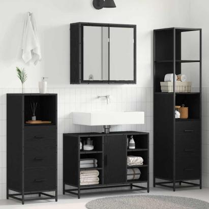 Set de mobilier pentru baie 4 pcs Stejar Negru Lemn compozit GartenMobel Dekor