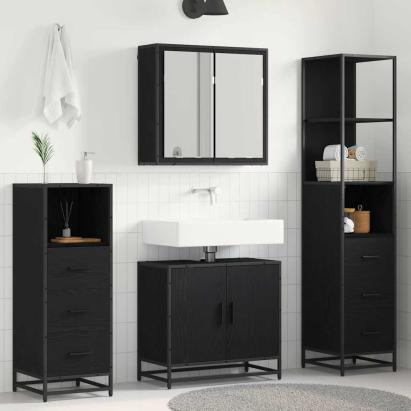 Set de mobilier pentru baie 4 pcs Stejar Negru Lemn compozit GartenMobel Dekor