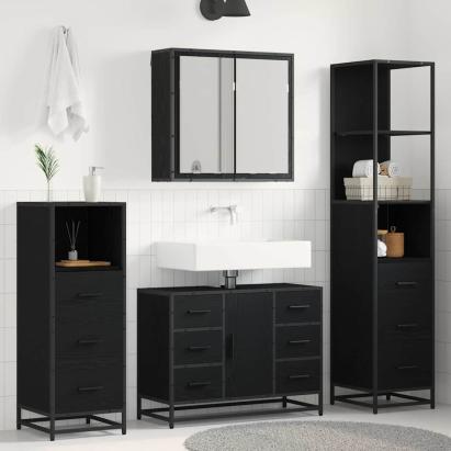 Set de mobilier pentru baie 3 pcs Stejar Negru Lemn compozit GartenMobel Dekor