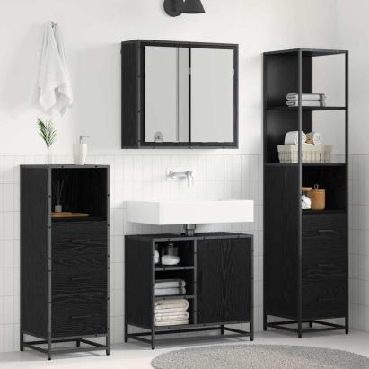 Set de mobilier pentru baie 4 pcs Stejar Negru Lemn compozit GartenMobel Dekor