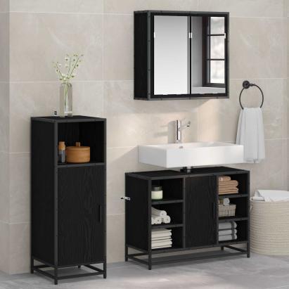 Set de mobilier pentru baie 3 pcs Stejar Negru Lemn compozit GartenMobel Dekor