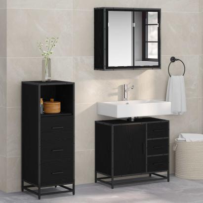 Set de mobilier pentru baie 3 pcs Stejar Negru Lemn compozit GartenMobel Dekor