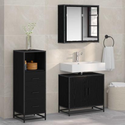 Set de mobilier pentru baie 3 pcs Stejar Negru Lemn compozit GartenMobel Dekor