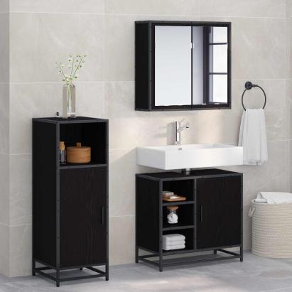 Set de mobilier pentru baie 3 pcs Stejar Negru Lemn compozit GartenMobel Dekor