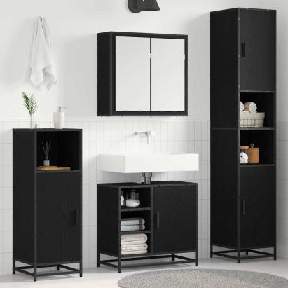 Set de mobilier pentru baie 4 pcs Stejar Negru Lemn compozit GartenMobel Dekor