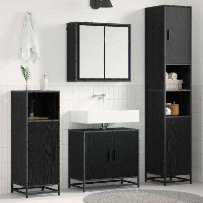 Set de mobilier pentru baie 3 pcs Stejar Negru Lemn compozit GartenMobel Dekor